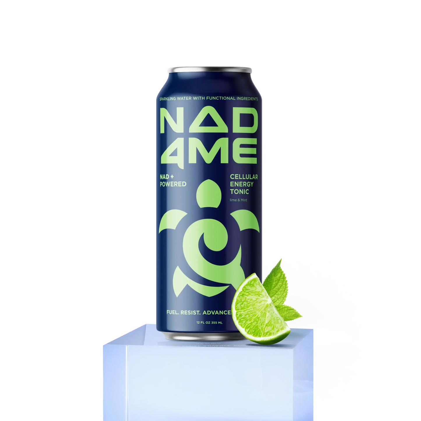 NAD+ powered cellular energy tonic can, lime and mint flavor, on a blue block with lime and mint garnish.