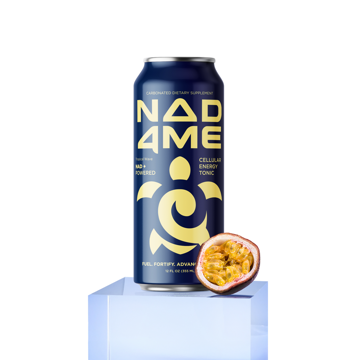 Passionfruit flavored cellular energy drink can with fresh passionfruit on blue block