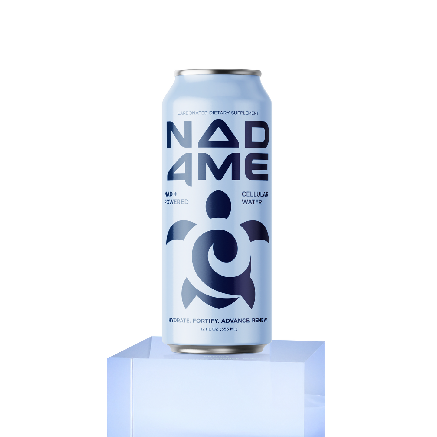 NAD+ powered cellular water can with turtle design, placed on clear blue cube.