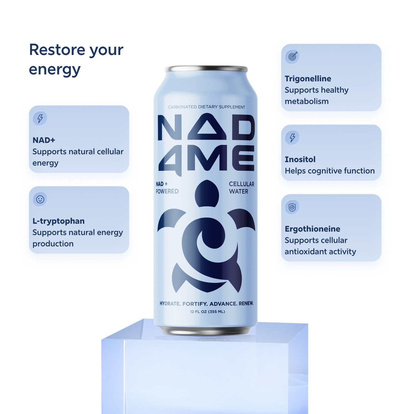 NAD+ powered cellular water can with energy support ingredients and benefits highlighted.